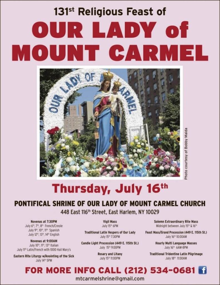 Feast Day of Our Lady of Mt Carmel Celebration Schedule